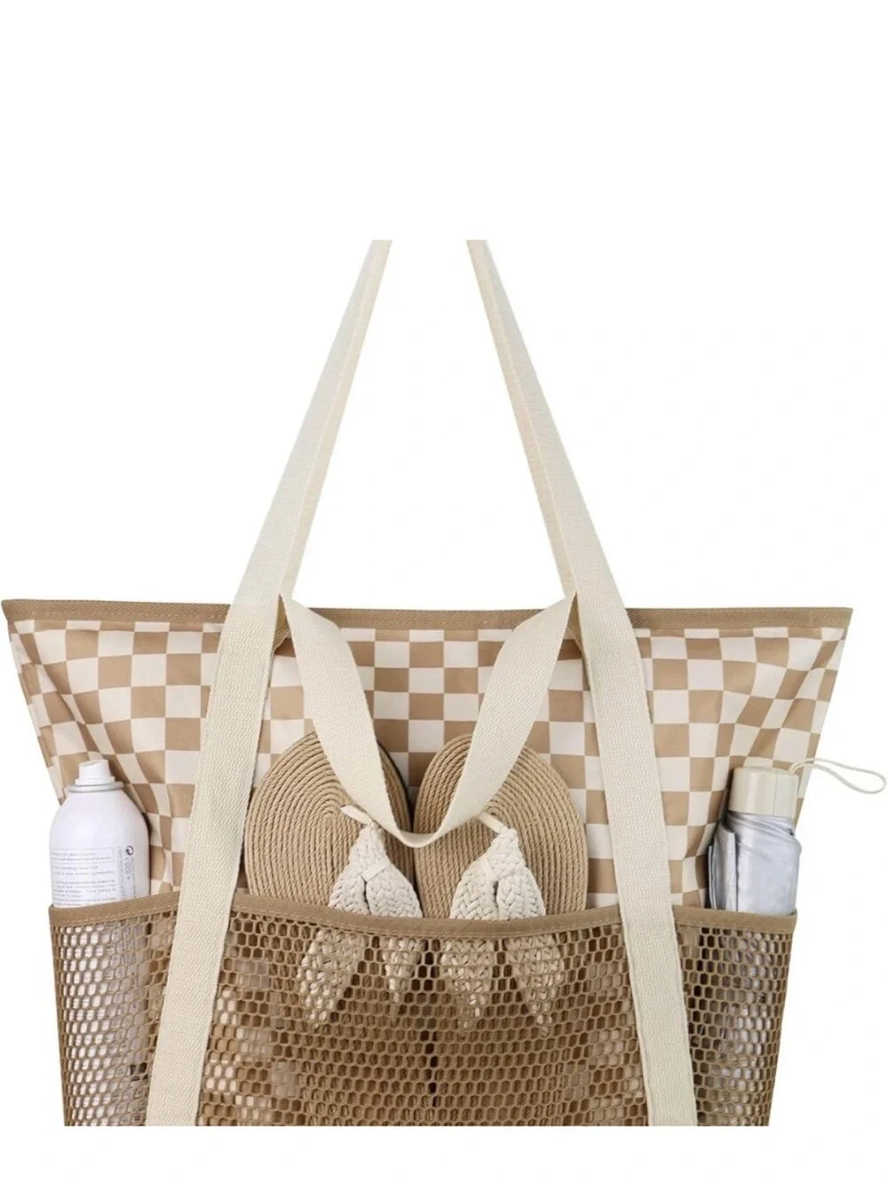 Beige & Cream Checkered Beach Waterproof Tote Bag with Mesh Pocket Zipper NWOT
